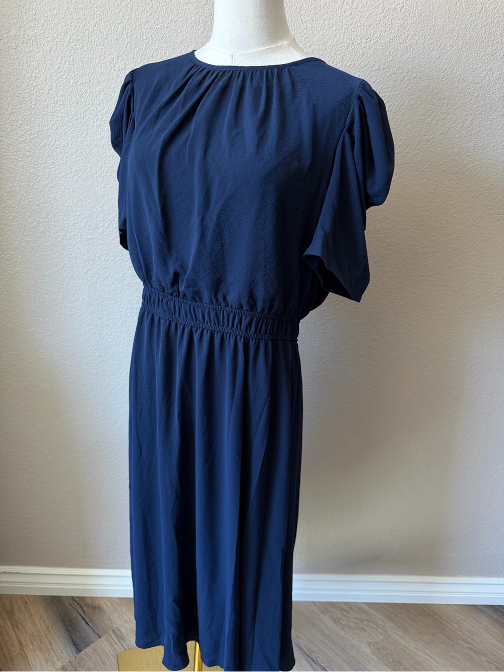 NWOT London Times Navy Short-Sleeve Smocked-Waist Midi Dress, 14